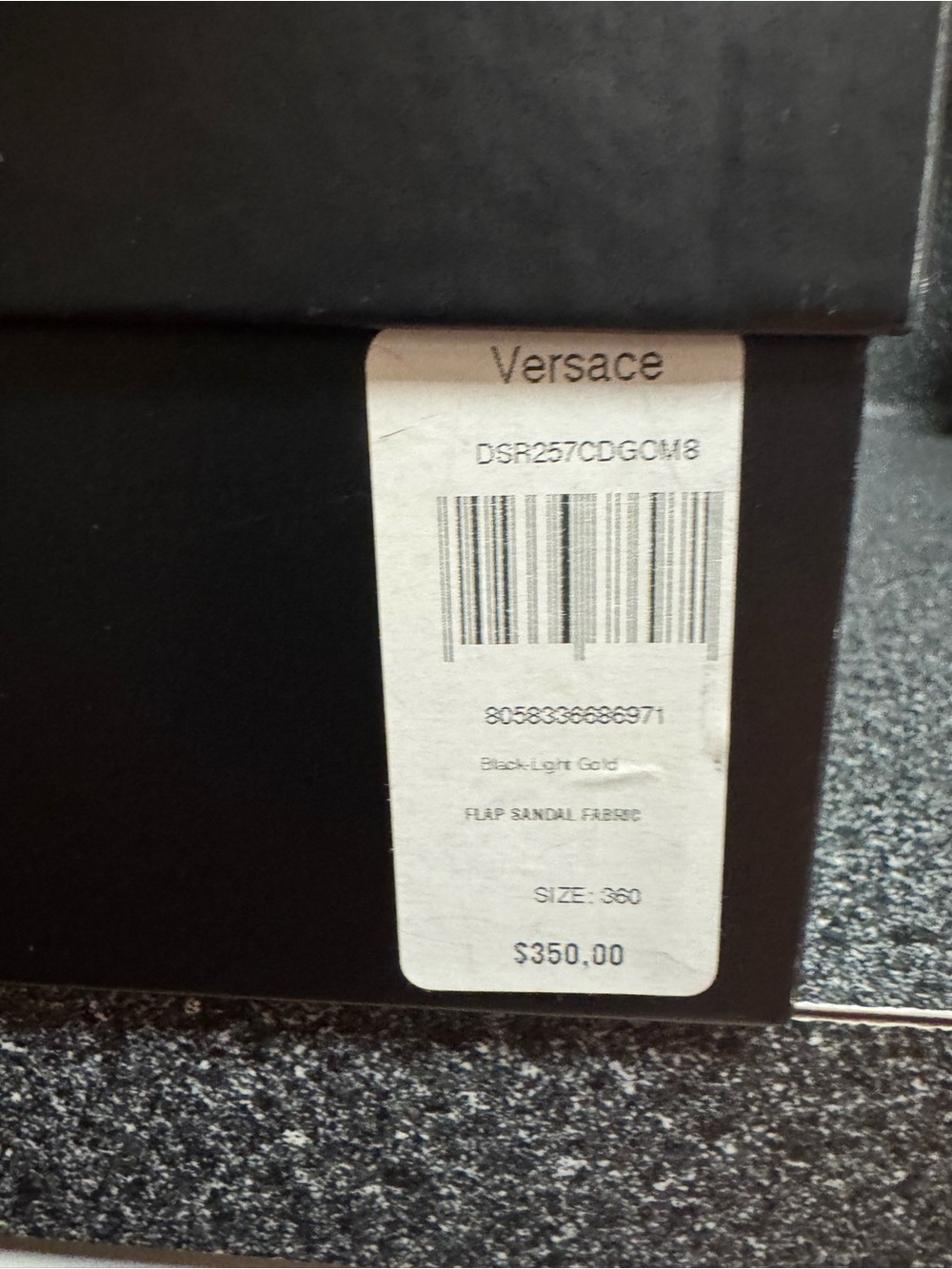 Versace Black and Light Gold Flap Sandals Box Label - Picture 4 of 4